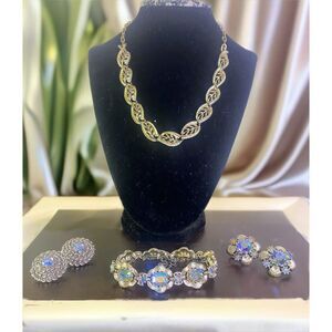 Vintage Coro Aurora Borealis Jewelry Set –Necklace, Bracelet, Clip-On Earrings